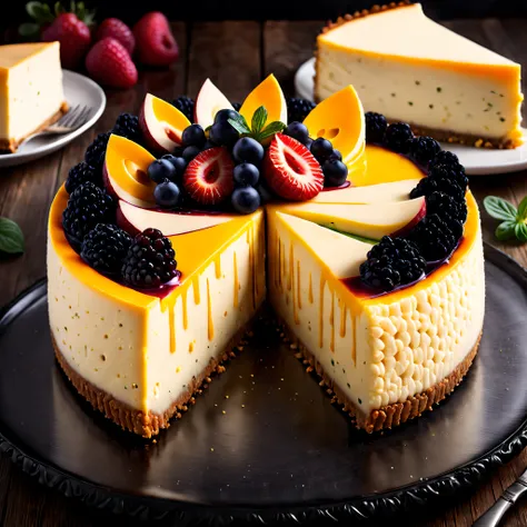 Surreal culinary masterpiece: a delightful cheesecake crafted entirely from various types of cheese, showcasing intricate layering and artistic appeal, with a stunning blend of colors and textures that looks palatable enough to eat.