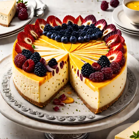 Surreal culinary masterpiece: a delightful cheesecake crafted entirely from various types of cheese, showcasing intricate layering and artistic appeal, with a stunning blend of colors and textures that looks palatable enough to eat.