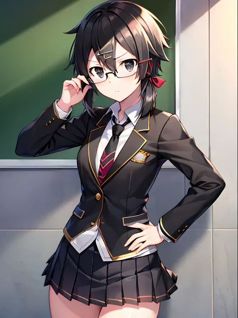 shino asada, (black eyes:1.5), black hair, hair between eyes, hair ribbon, short hair, sidelocks, glasses, hairclip, blazer, black jacket, black skirt, jacket, necktie, pleated skirt, red necktie, ribbon, school uniform, skirt, tress ribbon, serious, hand ...