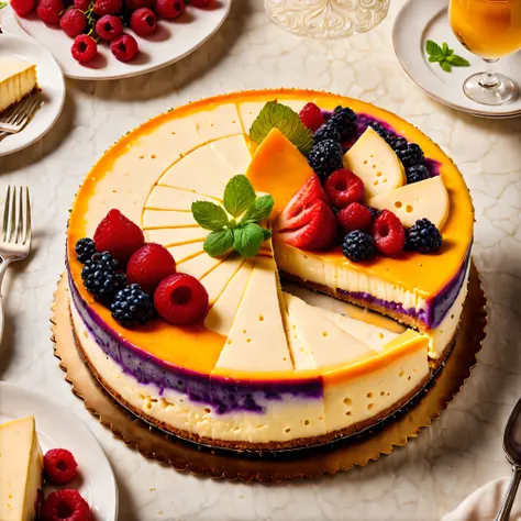 Surreal culinary masterpiece: a delightful cheesecake crafted entirely from various types of cheese, showcasing intricate layering and artistic appeal, with a stunning blend of colors and textures that looks palatable enough to eat.