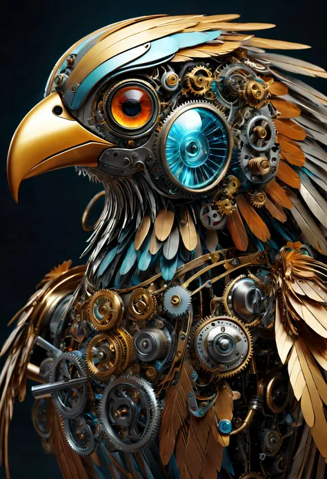 best quality,ultra-detailed,realistic:1.37,mechanical bird,metallic feathers,shining eyes,multicolored wings,precision-shaped gears,mechanical beak,steam emitting,mechanical ,artificial intelligence,robotic movement,masterpiece:1.2,sci-fi,chromatic color s...