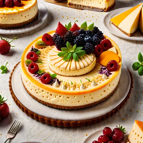 Surreal culinary masterpiece: a delightful cheesecake crafted entirely from various types of cheese, showcasing intricate layering and artistic appeal, with a stunning blend of colors and textures that looks palatable enough to eat.