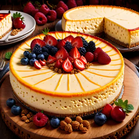 Surreal culinary masterpiece: a delightful cheesecake crafted entirely from various types of cheese, showcasing intricate layering and artistic appeal, with a stunning blend of colors and textures that looks palatable enough to eat.