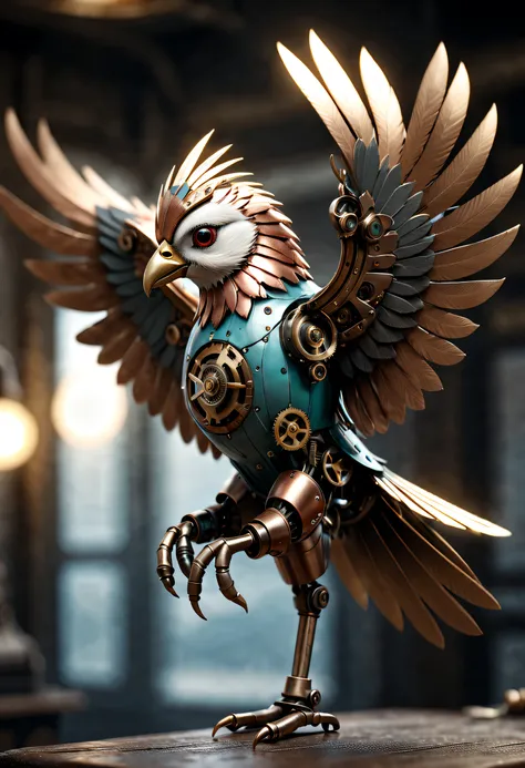 a mechanical bird,(best quality,4k,8k,highres,masterpiece:1.2),ultra-detailed,metallic feathers,precision gears,moving wings,whi...