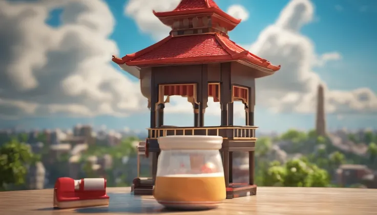 3dchangjing,3dchangjing(style),A 3d image of a tower with lipstick, a school bag, a milk tea cup, a cartoon,sky, cloud, day, scenery, no humans, blue sky, outdoors, tower, water, cartoon,constructions,