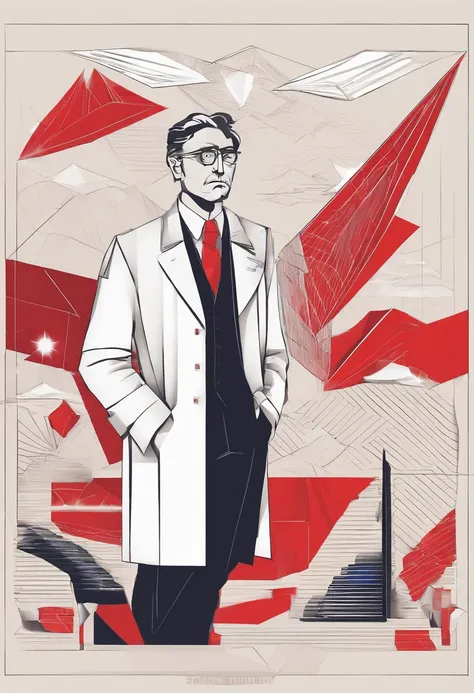 A scientist in a scientific coat turned his back to us，looking at the stars，hard core，Technologie，Red monochrome,USSR Poster,urss,communism