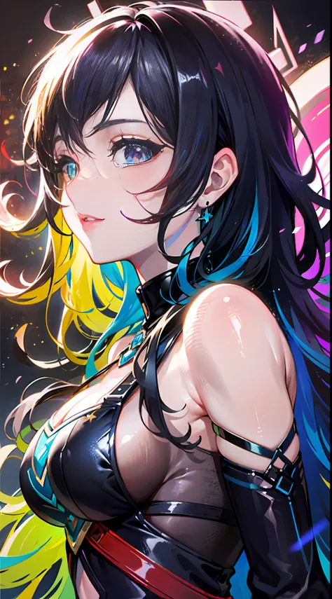 {{masterpiece}}, best quality, extremely detailed CG unity 8k wallpaper, cinematic lighting, lens flare, beautiful detail eyes, black,  side glance,  multicolor hair, colorful light, particles, heterochromia, (colorful:1.5), (colorful hair:1.5),