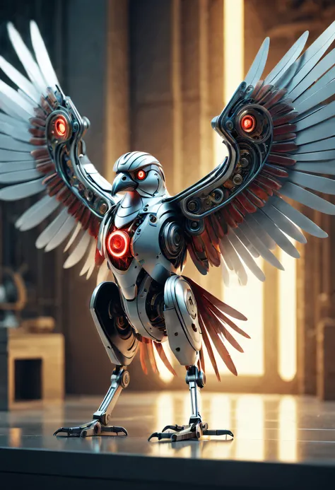 (best quality,4k,8k,highres,masterpiece:1.2),ultra-detailed,realistic,mechanical bird,detailed mechanical wings,metallic feathers,glowing red eyes,precise and intricate design,foldable mechanical wings,super-fine texture,mechanical beak,shiny steel body,ho...