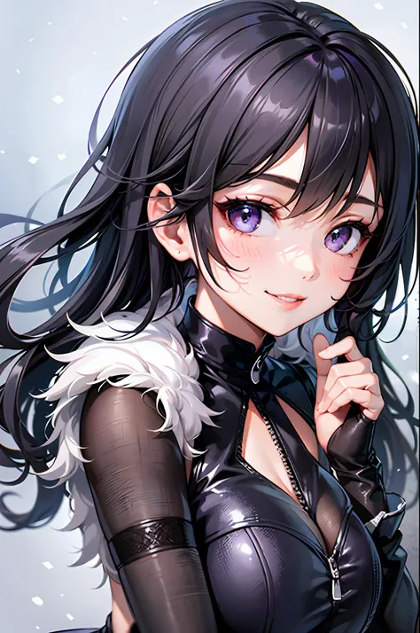 ​masterpiece, 1girl, black  hair, violet eyes, shiny eyes, a smile, blushful, grey dress, panty, snow background, erotica