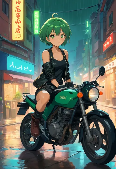 1girll, Brown skin, Short green hair, Brown eyes, wearing a black tank top, wearing black_Green leather jacket, Black leather pants, sitting on the motorcycle, At night, Black leather boots, the city street, The ground was wet with rain, fall, during night...