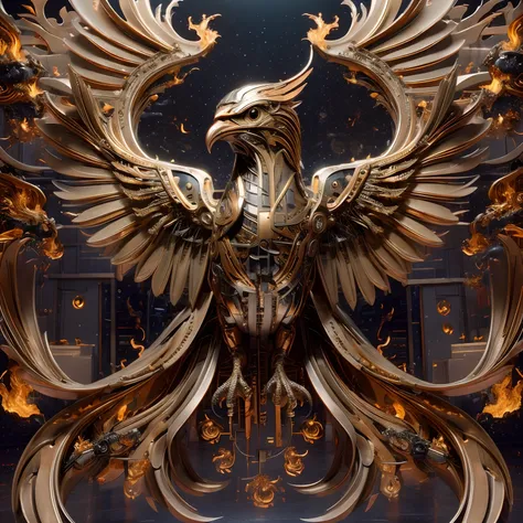 ((best quality)), ((masterpiece)), (very detailed: 1.3), 8k, giant mechanical phoenix, wings, eagle claws, feater, metallic text...