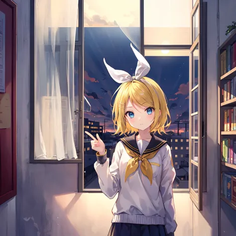 Kagamine Rin , por rubio  , coletas 、ojos rojos、Hermosa chica sola、quimono、una minifalda、aula de escuela 、sentado en pupitre , luz de atardecer (entrando por la ventana , cortinas que se mueven un poco con el viento