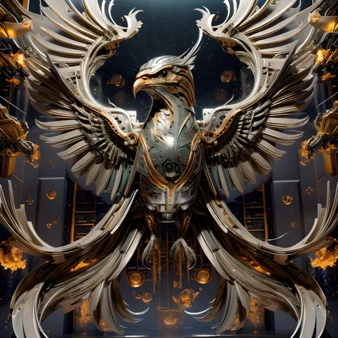 ((best quality)), ((masterpiece)), (very detailed: 1.3), 8k, giant mechanical phoenix, wings, eagle claws, feater, metallic text...