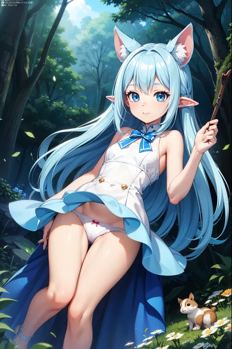 In the forest、There is a small white rabbit with long ears,  White long ears、Im with a pretty girl with long blue hair。It is a cute white and blue costume　White panty　Dark eyes。cute forest creature, Cute mushrooms also grow、Adorable Digital Painting, cute ...