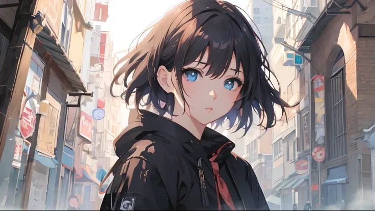 Anime girl with blue eyes standing on a street in the city, anime style 4 k, Smooth Anime CG Art, Portrait Anime Girl, Beautiful Anime Portrait, anime style portrait, detailed portrait of an anime girl, Portrait of an anime girl, artwork in the style of gu...