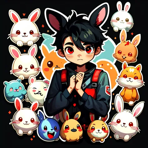 Emoticon pack，bunny（organism），A boy with，simple backgound，Cartoon Cute，full bodyesbian，Red eyes，Black hair