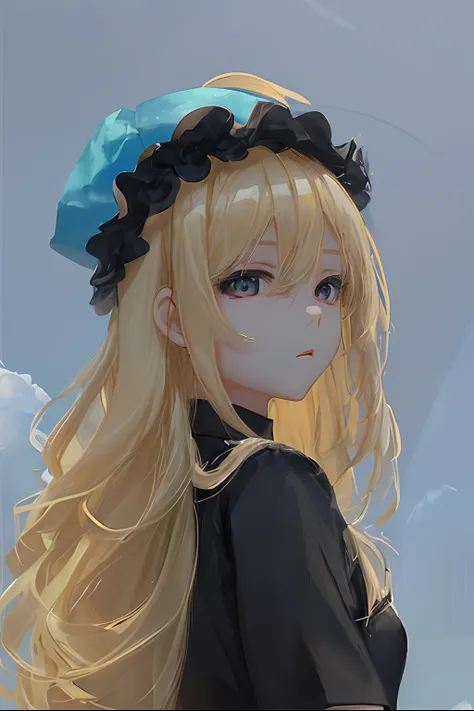 Blonde girl in black shirt，Stand outside，blue-sky，baiyun