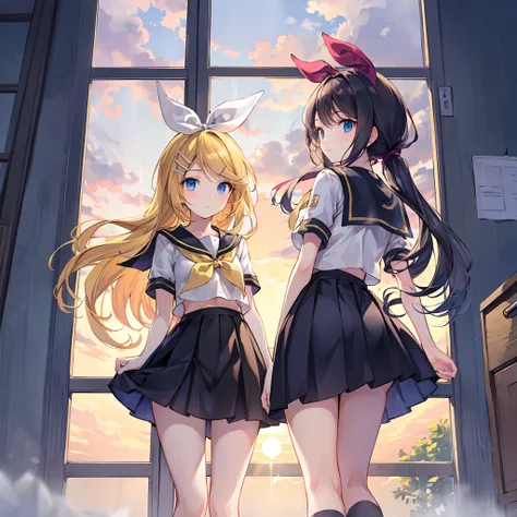 Kagamine Rin , por rubio  , coletas 、ojos rojos、Hermosa chica sola、quimono、una minifalda、aula de escuela 、sentado en pupitre , luz de atardecer (entrando por la ventana , cortinas que se mueven un poco con el viento