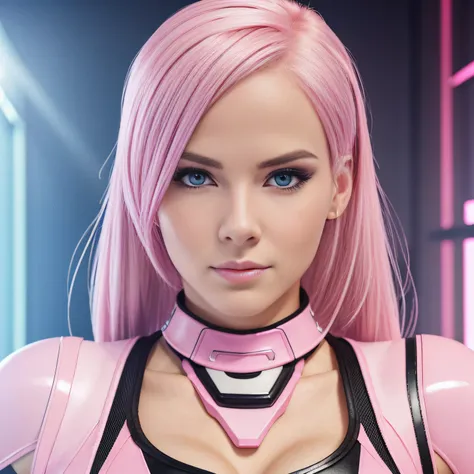 Caucasian woman, around 20 years old, pink hair, wearing a pink and white mechanized skintight leather outfit, stunning eyes, realistic skin, no cartoon look, no extra limbs, vivid colors, science-fiction background