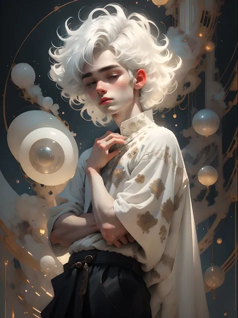 It shows a silhouette of a beautiful boy with his hands crossed and thinking. He has short silver-white hair and wears a white skirt. The skin on his upper body is fair and flawless, silver-white, with a mysterious and dreamy color. The whole image design ...