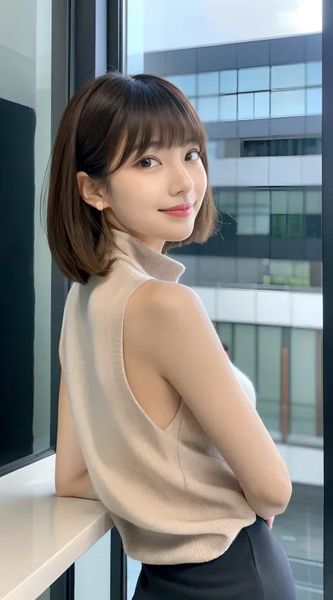 8K、top-quality、​masterpiece、超A high resolution、a picture、Beautiful Japan female elegance、SLR、There is a good、Transparent atmosphere、sexy lip、oblique bangs、Beautiful face、Very short、short-cut、short-hair、Making bangs、Laugh、natural soft light、1girl in、de pele...