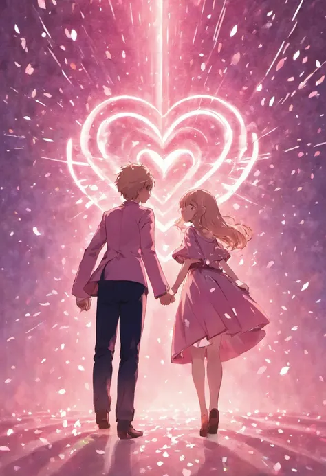 On a gradient background of light pink and white, In the center, You can see the silhouettes of two people standing hand in hand, Small heart-shaped confetti and shining stars are scattered. The edges are surrounded by fresh petals