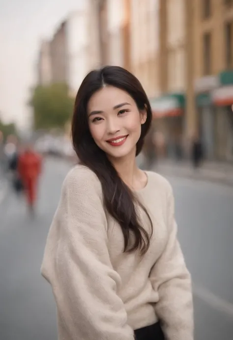 full body Esbian, Very huge，Tight sweater, Roadside in the big city， A big smile, Left wristwatch，Black hair was long and pulled down, dual，Thick lips，very beautif，Elderly woman in Japan