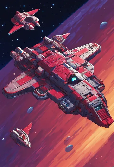 Crimson Starship，Such as StarCraft prototypes, A biplane flying in the sky at night, Dark ( Spaceship ), scifi spaceship, cartoon fantasy spaceship, futuristic spaceship, alien space ship flying in space, spaceship far on the background, A spaceship in dar...