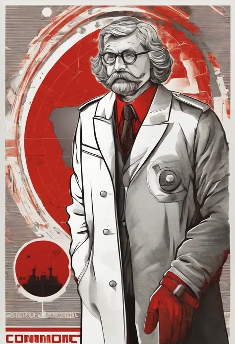 A scientist in a scientific coat turned his back to us，looking at the stars，hard core，Technologie，Red monochrome,USSR Poster,urss,communism