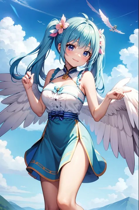 Super Idol　Little girl　A charming smile　sky blue hair　length hair　Twin-tailed　Cute bright pink and white and blue costume、large wings on the back、Flying in the sky、Mystical　Fantasia