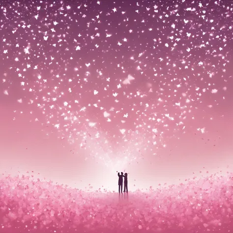 On a gradient background of light pink and white, In the center, You can see the silhouettes of two people standing hand in hand, Small heart-shaped confetti and shining stars are scattered. The edges are surrounded by fresh petals