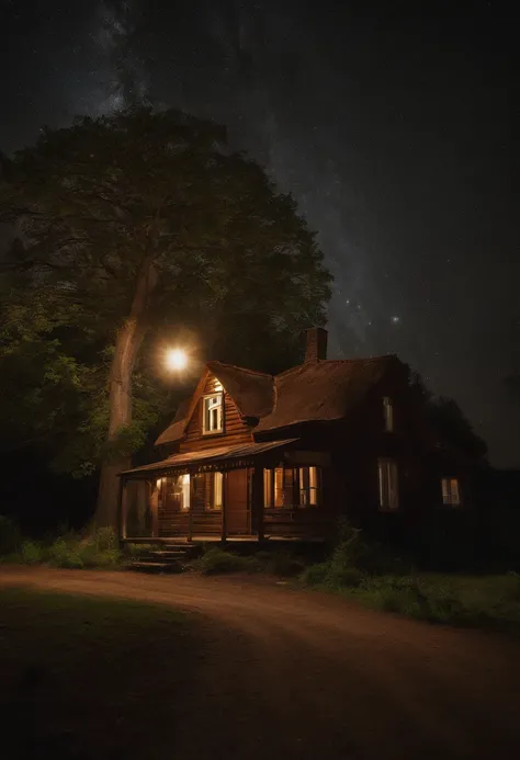 deep in the night，rays of moonlight，Tano，A small house on the side of the road，Light shines through the windows，one tree，k hd，8K，Masterpiece, Best quality, {Best quality}, {{Masterpiece}}, {A high resolution},