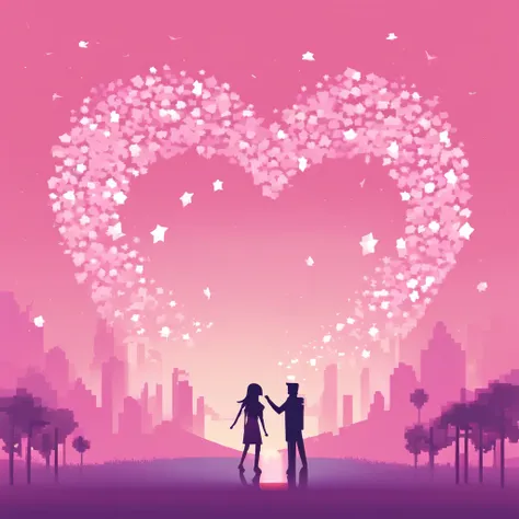 On a gradient background of light pink and white, In the center, You can see the silhouettes of two people standing hand in hand, Small heart-shaped confetti and shining stars are scattered. The edges are surrounded by fresh petals