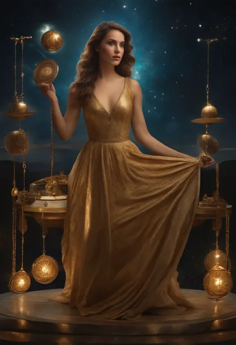 Artwork, surrealism, highly detailed, intricate details, oil painting, best quality, cosmic, starry, a woman holding a two-plate scale, pound sign concept, golden ratio, beautiful, cosmic concept, 8k, cinematic light, starry background, vibrant colors, UHD...