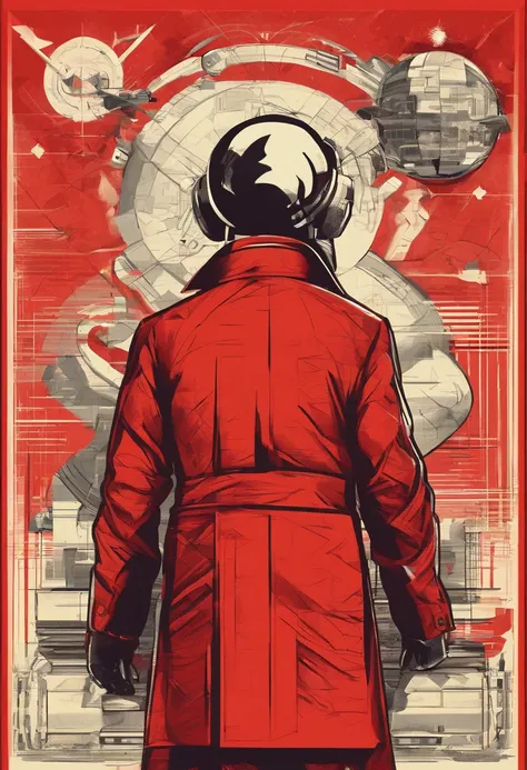 A scientist in a scientific coat turned his back to us，looking at the stars，hard core，Technologie，Red monochrome,USSR Poster,urss,communism