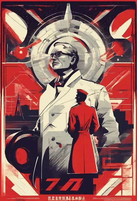 A scientist in a scientific coat turned his back to us，looking at the stars，hard core，Technologie，Red monochrome,USSR Poster,urss,communism