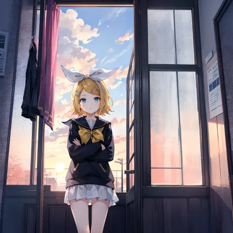 Kagamine Rin , por rubio  , coletas 、ojos rojos、Hermosa chica sola、quimono、una minifalda、aula de escuela 、sentado en pupitre , luz de atardecer (entrando por la ventana , cortinas que se mueven un poco con el viento