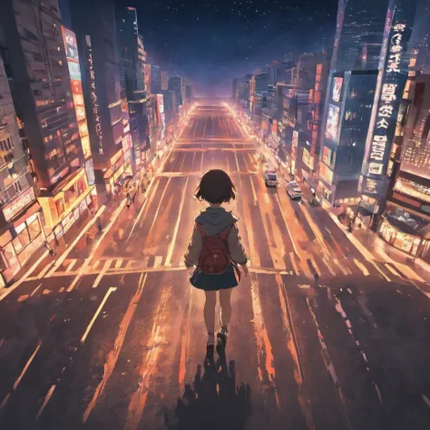 It is set in the night view of the city. Sparkling buildings, Tail lights on cars, The movement of people is represented with a distant skyline.
In the center, a young boy is depicted with his back turned towards the night view. 
The overall color adds a b...