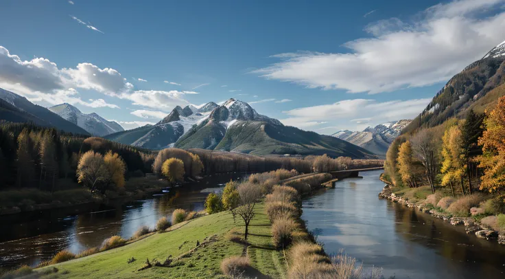 detailed background, Masterpiece, Top  Quality, Landscape, mountains, rivers, woods, sun, day, clouds