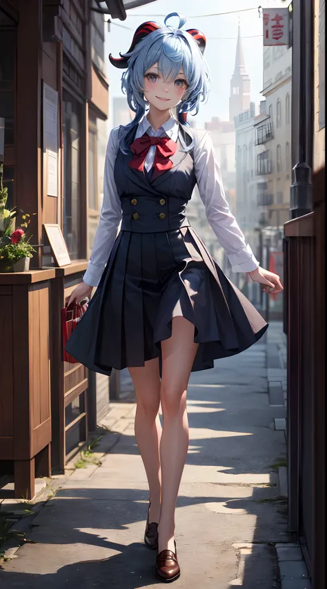 walking in a shopping mall, ganyudef, exteriors, simple background, short detailed hair, moody light, high-definition picture quality, Charming, smiling expression, Be red in the face, Blush, Wearing high school student uniform, Bare legged, middle rounded...