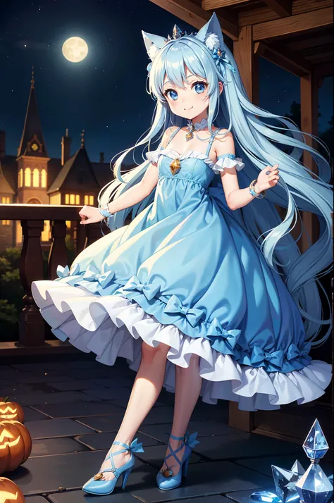 Pumpkin carriage，（Pumpkin carriage on background），Fairy World，one girls，adorable smiling, Cinderella，Light blue long hair, Twin-tailed,Long Blue Crystal Dress，Moonlight，Long steps，Crystal Shoes，