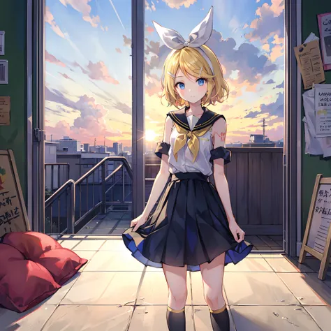 Kagamine Rin , por rubio  , coletas 、ojos rojos、Hermosa chica sola、quimono、una minifalda、aula de escuela 、sentado en pupitre , luz de atardecer (entrando por la ventana , cortinas que se mueven un poco con el viento