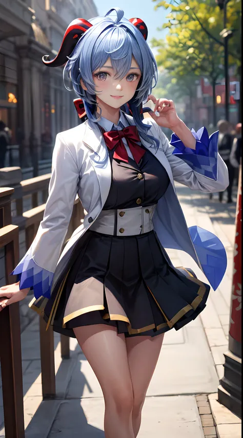 walking in a shopping mall, ganyudef, exteriors, simple background, short detailed hair, moody light, high-definition picture quality, Charming, smiling expression, Be red in the face, Blush, Wearing high school student uniform, Bare legged, middle rounded...