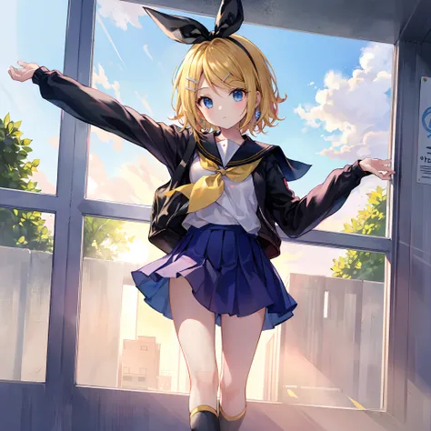 Kagamine Rin , por rubio  , coletas 、ojos rojos、Hermosa chica sola、quimono、una minifalda、aula de escuela 、sentado en pupitre , luz de atardecer (entrando por la ventana , cortinas que se mueven un poco con el viento