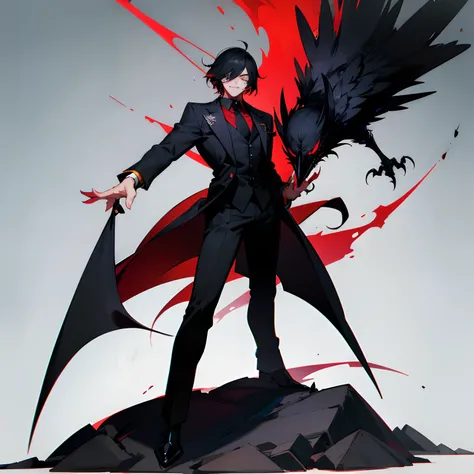 Black hair,right eye red,left eye black,handsome,evil smile, man, theme crow, fullbody