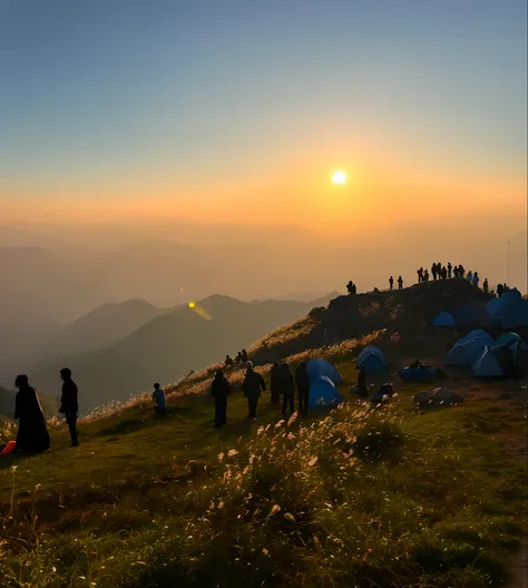 People stand on the hills，Background is tent and tent, during sunrise, At sunrise, late sunset, during dawn, At sunset, Sunset view, Sunset atmosphere, late sunset, Mountain, Peaceful atmosphere, prime time, Photo taken with Nikon D 7 5 0, Photo taken with...