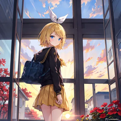 Kagamine Rin , por rubio  , coletas 、ojos rojos、Hermosa chica sola、quimono、una minifalda、aula de escuela 、sentado en pupitre , luz de atardecer (entrando por la ventana , cortinas que se mueven un poco con el viento