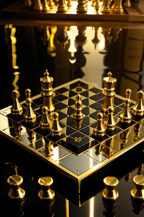 futuristic gold chess board, futuristic chess set, check mate, reflection in water, gold outline