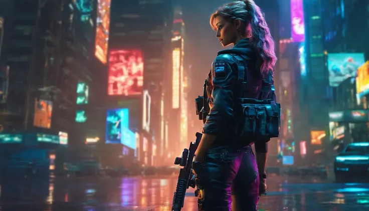 Beautiful girl holding a sniper rifle turned around, Sneak into a skyscraper..,( (bestquality,10,10,highres,masterpiece:1.2),ultra-detail,(Realistic,photorealistic portrait,photo-realistic:1.37)),Urban landscape, Night scene, Intense atmosphere, Urban Warf...