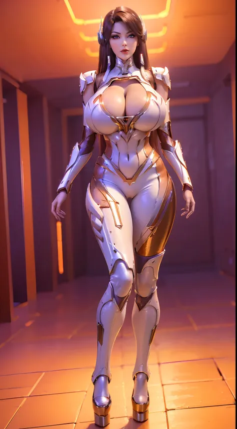 (1GIRL, ALONE), (SUPER DETAILED FACE), (WHITE HAIR: 0.8), ((PHOENIX HEADWEAR)), (BIG BUTTOCKS, 11 LINE ABS, CLEAVAGE, HUGE FAKE BREASTS:1.5), (GOLD MECHA GUARD ARM:1.3), (RED MECHA CYBER ARMORED, PURPLE MECHA TIGHT SUIT PANTS, BLUE MECHA GUARD ARMOR LEGS, ...